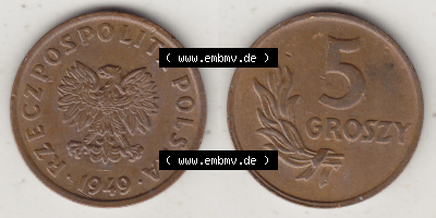 Münzen Republik Polen Eurovorläufer, Umlaufmünze 1949-1949, 5 Groszy, Groschen, Bronze 1949. Vorderseite und Rückseite als... Sammlung