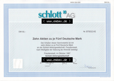 Alte Wertpapiere Bundesrepublik Deutschland in Deutsche Mark 1997, 5 DM, Zehn Aktien zu je Fünf Deutshe Mark, Schlott-Q-AG Freudenstadt... Sammlung