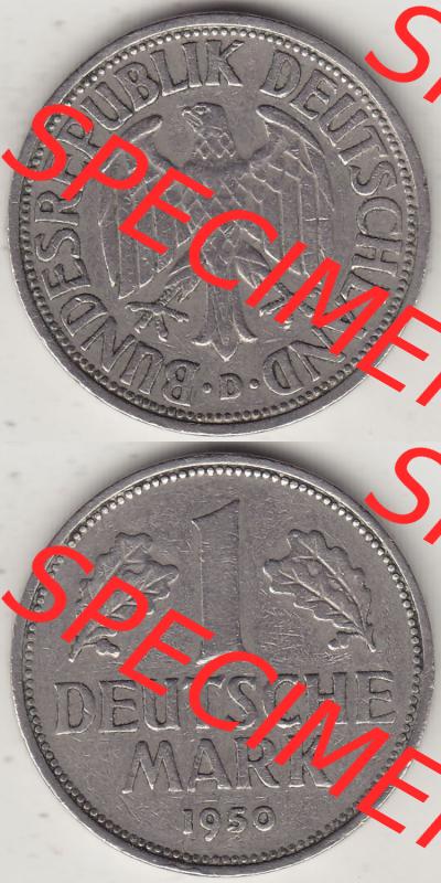 BRD Münzen 1 DM, Umlaufmünze 1950-2001, 1 DM Deutsche Mark, 1950 D-3. Vorderseite und Rückseite auf einen digitalen Bild / Foto der Münze aus Deutschland,... Sammlung