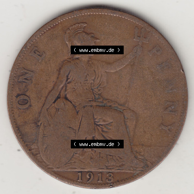 Münzen Großbritannien Eurovorläufer, Umlaufmünze vor Euroeinführung 1911-1926, 1 One Penny, 1913 (Stück 1), George V, B.M.... Sammlung