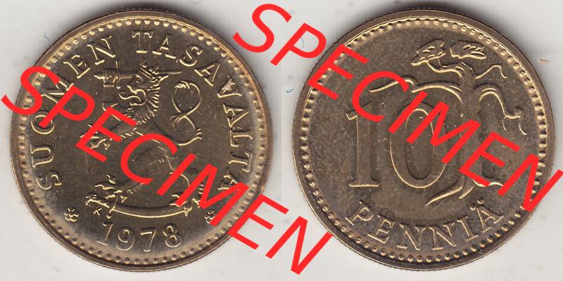 Münzen Finnland / SUOMI Eurovorläufer, Umlaufmünze vor Euroeinführung 1978-1978, Stempelglanz 1963-1982, 10 Penny, 1978-1. Rückseite und Vorderseite... Sammlung