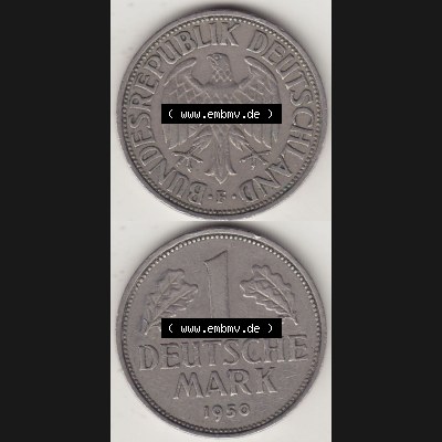 BRD Münzen 1 DM, Umlaufmünze 1950-2001, 1 DM Deutsche Mark, 1950 F-7. Vorderseite und Rückseite auf einen digitalen Bild / Foto der Münze aus Deutschland,... Sammlung