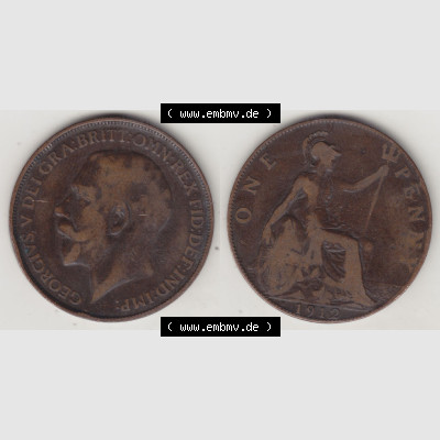 Alte Münzen Großbritannien Eurovorläufer, Umlaufmünze vor Euroeinführung 1911-1926, 1 Penny, One Penny, 1912-1, B.M. GEORGIVS V DEI... Sammlung