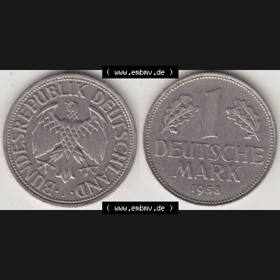 BRD Münzen 1 DM, Umlaufmünze 1950-2001, 1 DM Deutsche Mark, 1958 J-1. Vorderseite und Rückseite der Münze aus Deutschland Sammlung