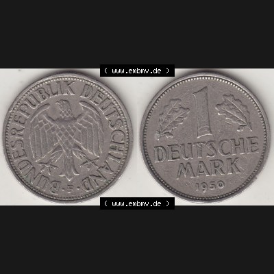 BRD Münzen 1 DM, Umlaufmünze 1950-2001, 1 DM Deutsche Mark, 1950 F-5. Vorderseite und Rückseite der Münze aus Deutschland Sammlung