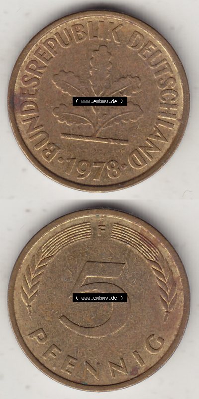 Münzen Deutschland 5 Pfennig-Deutsche Mark 1950-2001, 5 Pfennig, 1978 F-1 (4) Sammlung