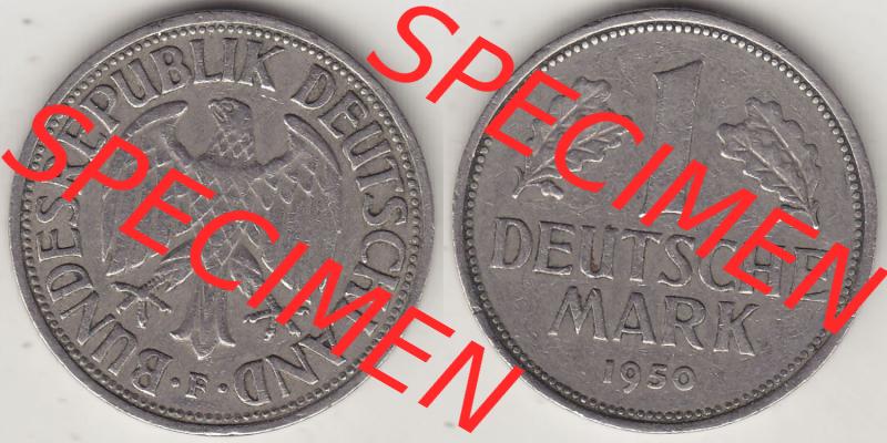 BRD Münzen 1 DM, Umlaufmünze 1950-2001, 1 DM Deutsche Mark, 1950 F-6. Vorderseite und Rückseite der Münze aus Deutschland Sammlung