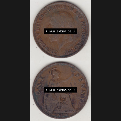 Münzen Großbritannien Eurovorläufer, Umlaufmünze vor Euroeinführung 1928-1936, 1 One Penny, 1936-2, George V. BM GEORGIVS V DEI GRABRITTOMNREX FIDDEFINDIMP.... Sammlung
