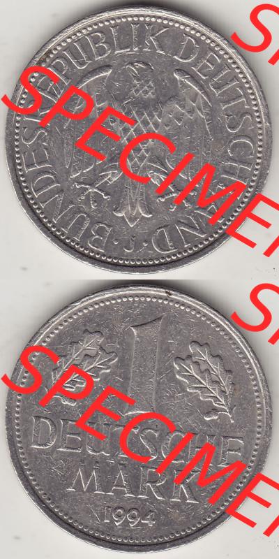 BRD Münzen 1 DM, Umlaufmünze 1950-2001, 1 DM Deutsche Mark, 1994 J-2. Vorderseite und Rückseite auf einen digitalen Bild / Foto der Münze aus Deutschland,... Sammlung