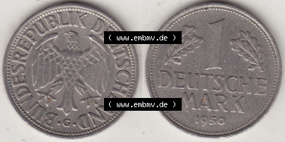 BRD Münzen 1 DM, Umlaufmünze 1950-2001, 1 DM Deutsche Mark, 1950 G-2. Vorderseite und Rückseite der Münze aus Deutschland Sammlung