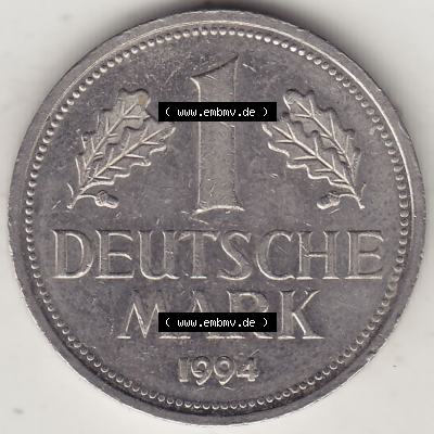 BRD Münzen 1 DM, Umlaufmünze 1950-2001, 1 DM Deutsche Mark, 1994 J-3. Rückseite der Münze aus Deutschland Sammlung