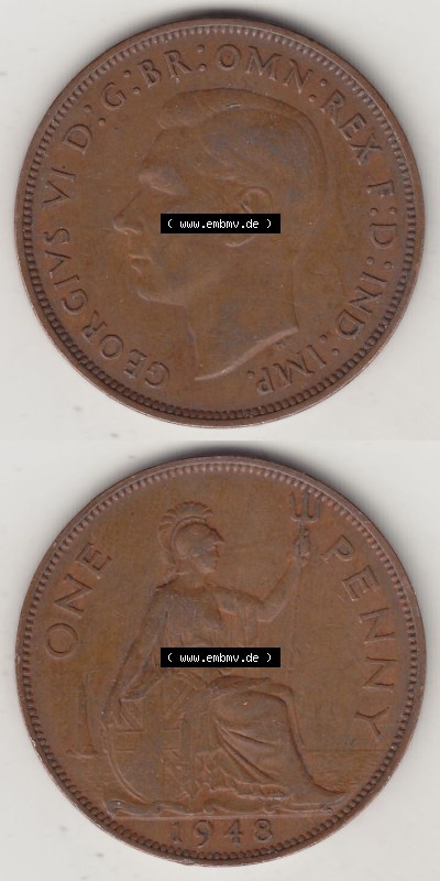 Alte Münzen Großbritannien Eurovorläufer, Umlaufmünze vor Euroeinführung 1937-1948, 1 Penny, One Penny, 1948 (Stück 1),... Sammlung