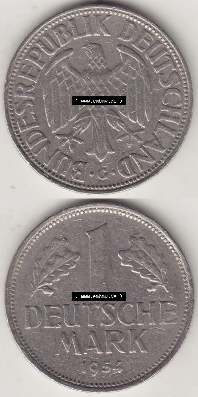 BRD Münzen 1 DM, Umlaufmünze 1950-2001, 1 DM Deutsche Mark, 1954 G-5. Vorderseite und Rückseite auf einen digitalen Bild /... Sammlung