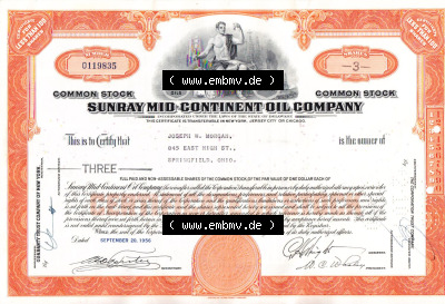 Alte Wertpapiere Amerikanische Öl-Gesellschaften 1956, Sunray MID-Continent Oil Company, Certificate for less than 100 Shares-Aktien... Sammlung