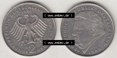 BRD Münzen 2 DM Gedenkmünze 1991-2001, 2 DM, Deutsche Mark Franz Josef Strauß 1991 A-1. Vorderseite und Rückseite der Münze... Sammlung