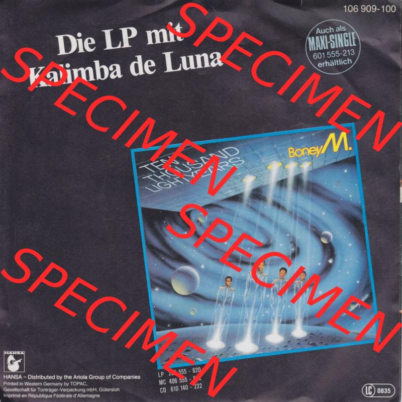 Schallplatten Hansa 1984, Happy Song, Boney M. and Bobby Farrell with the School-Rebels. Rückseite der Schallplatte aus privater Sammlung, verwalte deine Schallplatten-Sammlung... Sammlung
