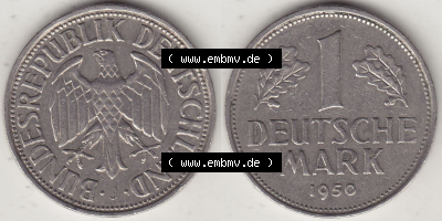 BRD Münzen 1 DM, Umlaufmünze 1950-2001, 1 DM Deutsche Mark, 1950 J-2. Vorderseite und Rückseite der Münze aus Deutschland Sammlung