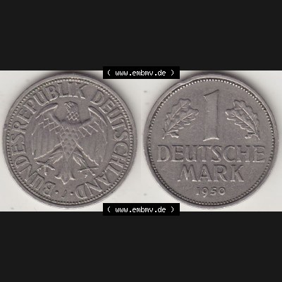 BRD Münzen 1 DM, Umlaufmünze 1950-2001, 1 DM Deutsche Mark, 1950 J-4. Vorderseite und Rückseite der Münze aus Deutschland Sammlung