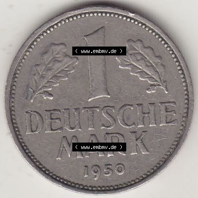 BRD Münzen 1 DM, Umlaufmünze 1950-2001, 1 DM Deutsche Mark, 1950 F-7. Rückseite der Münze aus Deutschland Sammlung