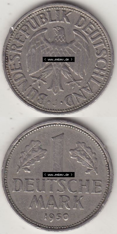 BRD Münzen 1 DM, Umlaufmünze 1950-2001, 1 DM Deutsche Mark, 1950 J-8. Vorderseite und Rückseite auf einen digitalen Bild /... Sammlung