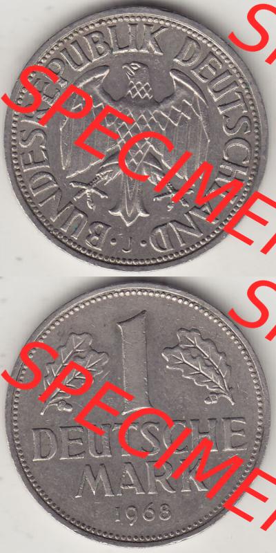 BRD Münzen 1 DM, Umlaufmünze 1950-2001, 1 DM Deutsche Mark, 1968 J-1. Vorderseite und Rückseite auf einen digitalen Bild / Foto der Münze aus Deutschland,... Sammlung