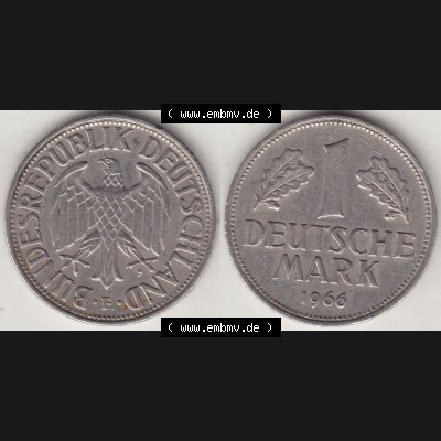 BRD Münzen 1 DM, Umlaufmünze 1950-2001, 1 DM Deutsche Mark, 1966 F-1. Vorderseite und Rückseite der Münze aus Deutschland Sammlung
