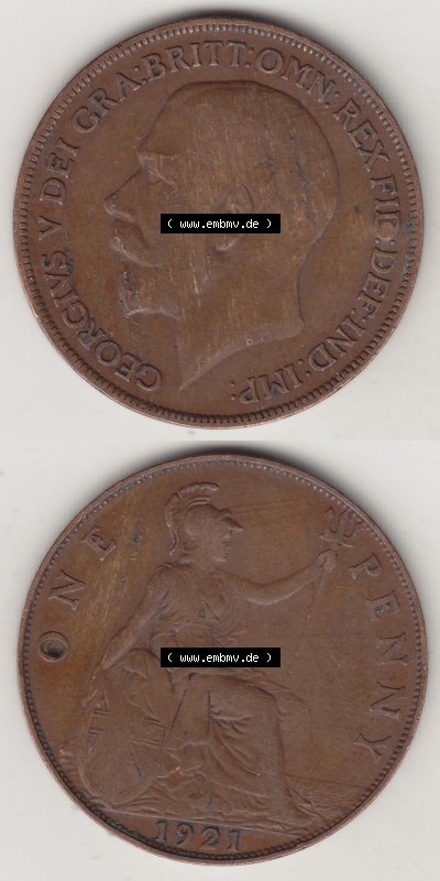 Alte Münzen Großbritannien Eurovorläufer, Umlaufmünze vor Euroeinführung 1911-1926, 1 Penny, One Penny, 1921 (Stück 1),... Sammlung