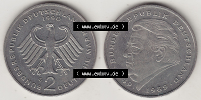 BRD Münzen 2 DM Gedenkmünze 1990-2001, 2 DM, Deutsche Mark Franz Josef Strauß 1990 G-1. Vorderseite und Rückseite der Münze... Sammlung