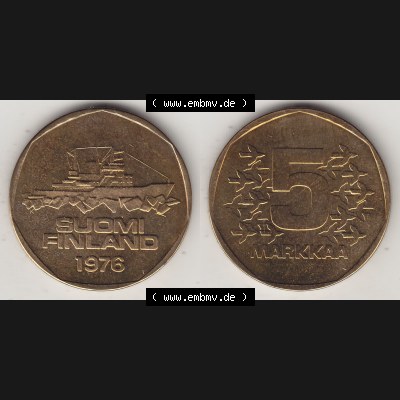 Münzen Finnland / SUOMI Eurovorläufer, Umlaufmünze vor Euroeinführung 1972-1978, 5 Finnische Mark, Markkaa 1976, SUOMI FINLAND (3) Sammlung