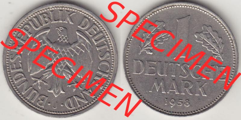 BRD Münzen 1 DM, Umlaufmünze 1950-2001, 1 DM Deutsche Mark, 1958 J-1. Vorderseite und Rückseite der Münze aus Deutschland Sammlung