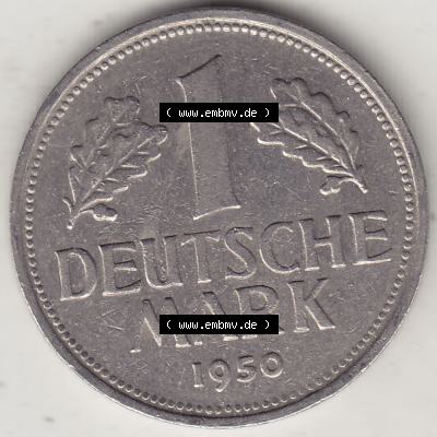 BRD Münzen 1 DM, Umlaufmünze 1950-2001, 1 DM Deutsche Mark, 1950 G-3. Rückseite der Münze aus Deutschland Sammlung
