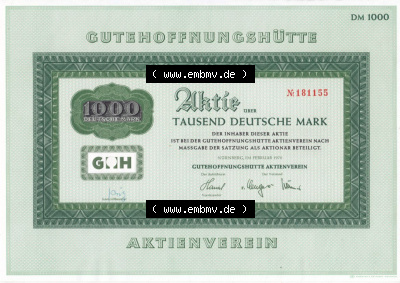 Alte Wertpapiere Bundesrepublik Deutschland in Deutsche Mark 1970, 1000 DM, Aktie Tausend Deutsche Mark, Gutehoffnungshütte (3) Sammlung