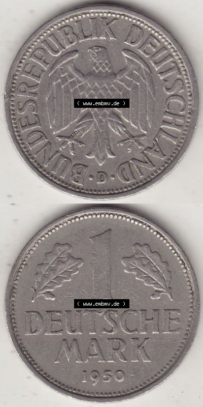BRD Münzen 1 DM, Umlaufmünze 1950-2001, 1 DM Deutsche Mark, 1950 D-6. Vorderseite und Rückseite auf einen digitalen Bild /... Sammlung