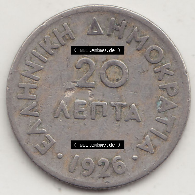 Münzen Griechenland Eurovorläufer, Umlaufmünze vor Euroeinführung 1926-1926, 20 Lepta Aenta 1926 (Stück 1) (1) Sammlung