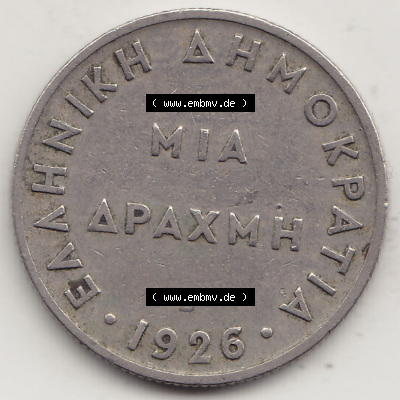 Münzen Griechenland Eurovorläufer, Umlaufmünze vor Euroeinführung 1926-1926, 1 Drachme, Mia Apaxmh 1926 (Stück 1) (1) Sammlung