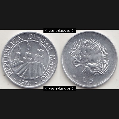 Aus offiziellen Münzensatz / KMS 1974 San Marino vor Euro 1974-1974, 5 Lire, L.5 MINGUZZI MONASSI INC. (3) Sammlung