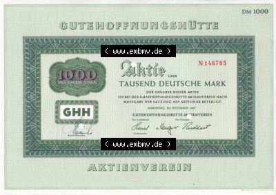 Alte Wertpapiere Bundesrepublik Deutschland in Deutsche Mark 1967, 1000 DM, Deutsche Mark, Aktie Gutehoffnungshütte (2) Sammlung