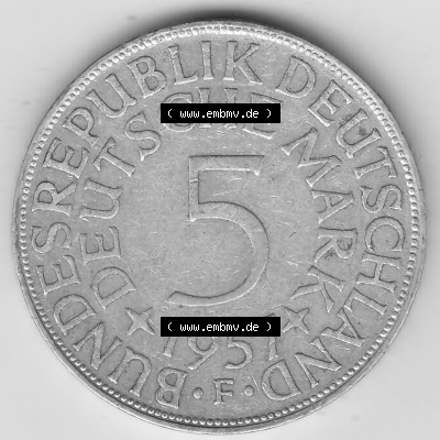 Münzen Deutsche Mark Silbermünze 1951-1974, 5 DM, 5 Deutsche Mark Silberadler, Heiermann 1957 F-1. Wert-Angabe von 5 DM der... Sammlung