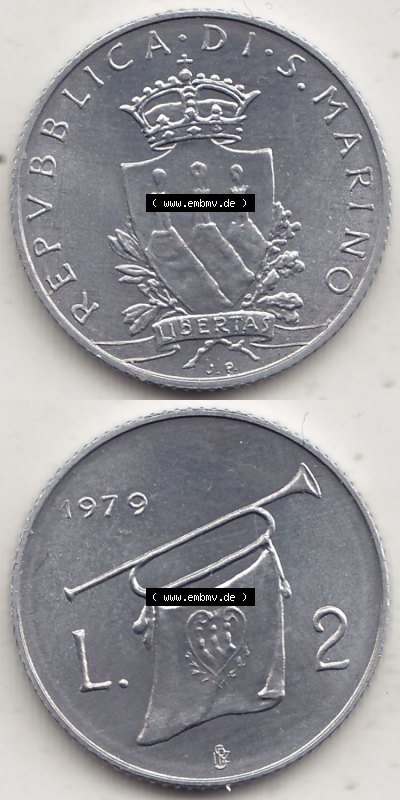 Aus offiziellen Münzensatz / KMS 1979 San Marino vor Euro 1979-1979, 2 Lire, J. V. LIBERTAS REPVBBLICA DI S. MARINO, 1979 L.2... Sammlung