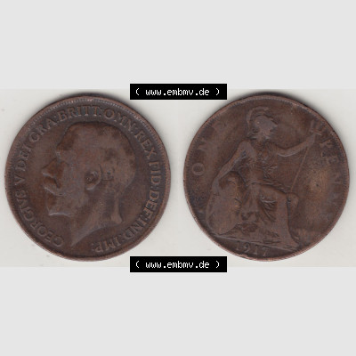 Alte Münzen Großbritannien Eurovorläufer, Umlaufmünze vor Euroeinführung 1911-1926, 1 Penny, One Penny, 1917-1, B.M. GEORGIVS V DEI... Sammlung