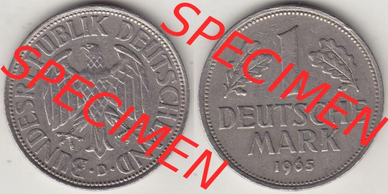 BRD Münzen 1 DM, Umlaufmünze 1950-2001, 1 DM Deutsche Mark, 1965 D-1. Vorderseite und Rückseite der Münze aus Deutschland Sammlung