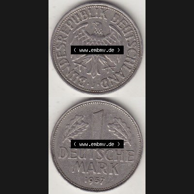 BRD Münzen 1 DM, Umlaufmünze 1950-2001, 1 DM Deutsche Mark, 1957 J-1. Vorderseite und Rückseite auf einen digitalen Bild / Foto der Münze aus Deutschland,... Sammlung