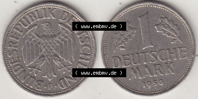 BRD Münzen 1 DM, Umlaufmünze 1950-2001, 1 DM Deutsche Mark, 1950 F-2. Vorderseite und Rückseite der Münze aus Deutschland Sammlung