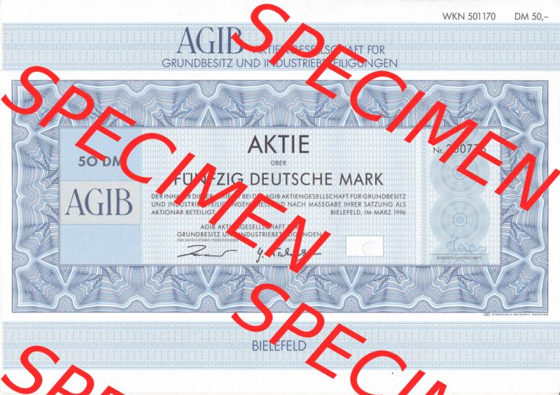 Alte Wertpapiere Bundesrepublik Deutschland in Deutsche Mark 1996, 50 DM, AGIB, Fünfzig Deutsche Mark, Aktie, Aktiengesellschaft für GRundbesitz und Industriebeteilingungen... Sammlung