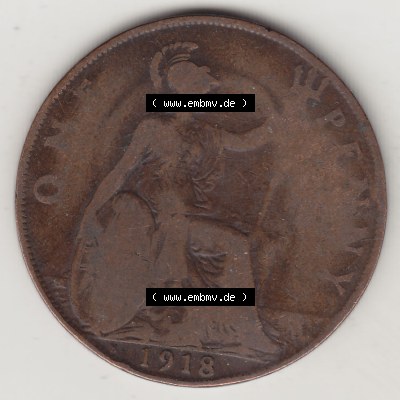 Alte Münzen Großbritannien Eurovorläufer, Umlaufmünze vor Euroeinführung 1911-1926, 1 Penny, One Penny, 1918-1, B.M. GEORGIVS V DEI... Sammlung
