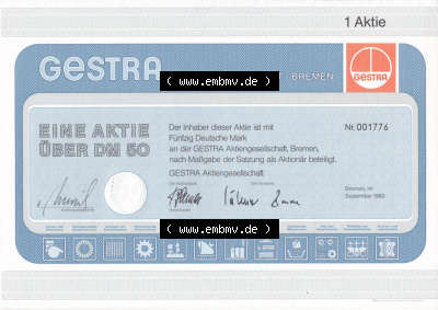 Alte Wertpapiere Bundesrepublik Deutschland in Deutsche Mark 1983, 50 DM Aktie GESTRA Aktiengestellschaft Bremen, Fünfzig DEutsche... Sammlung
