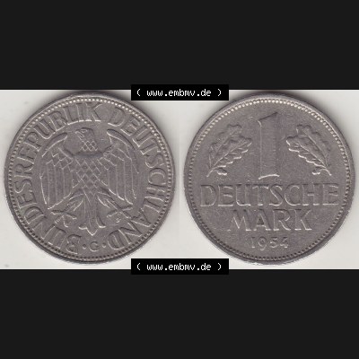BRD Münzen 1 DM, Umlaufmünze 1950-2001, 1 DM Deutsche Mark, 1954 G-3. Vorderseite und Rückseite der Münze aus Deutschland Sammlung
