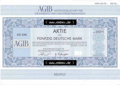 Alte Wertpapiere Bundesrepublik Deutschland in Deutsche Mark 1996, 50 DM, AGIB, Fünfzig Deutsche Mark, Aktie, Aktiengesellschaft... Sammlung