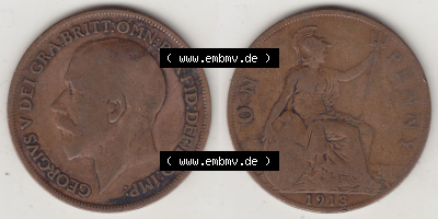 Münzen Großbritannien Eurovorläufer, Umlaufmünze vor Euroeinführung 1911-1926, 1 One Penny, 1913 (Stück 1), George V, B.M.... Sammlung