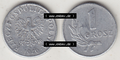 Münzen Republik Polen Eurovorläufer, Umlaufmünze 1949-1949, 1 Grosz, Groschen, Aluminium 1949. Vorderseite und Rückseite als... Sammlung